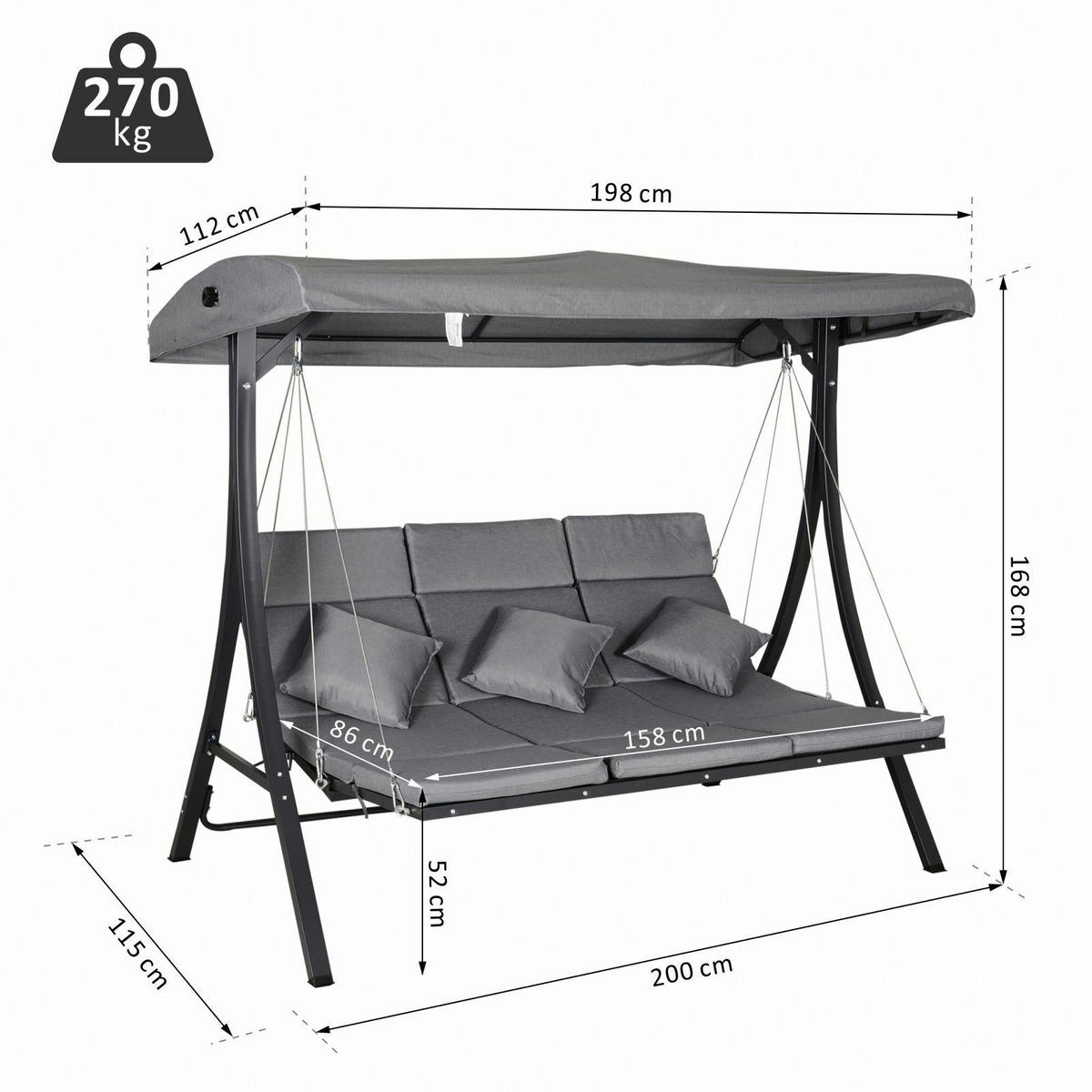 Outsunny Hollywoodschaukel grau Metall B/H/T: ca. 200x168x115 cm Hollywoodschaukel_3-Sitzer - schwarz/grau (200,00/168,00/115,00cm) - Outsunny