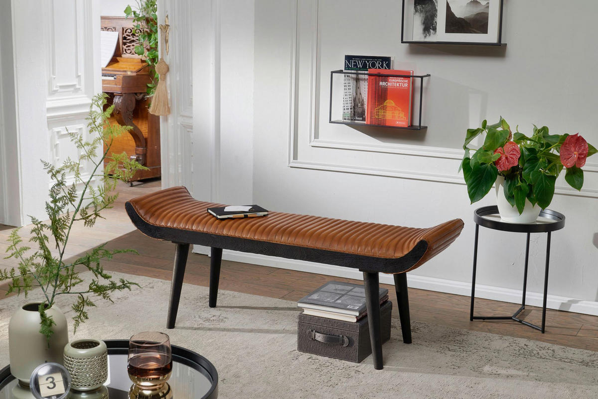 Wohnling Sitzbank braun schwarz Leder Echtholz B/H/T: ca. 125x51x38 cm Sitzbank - braun/schwarz (125,00/51,00/38,00cm) - Wohnling