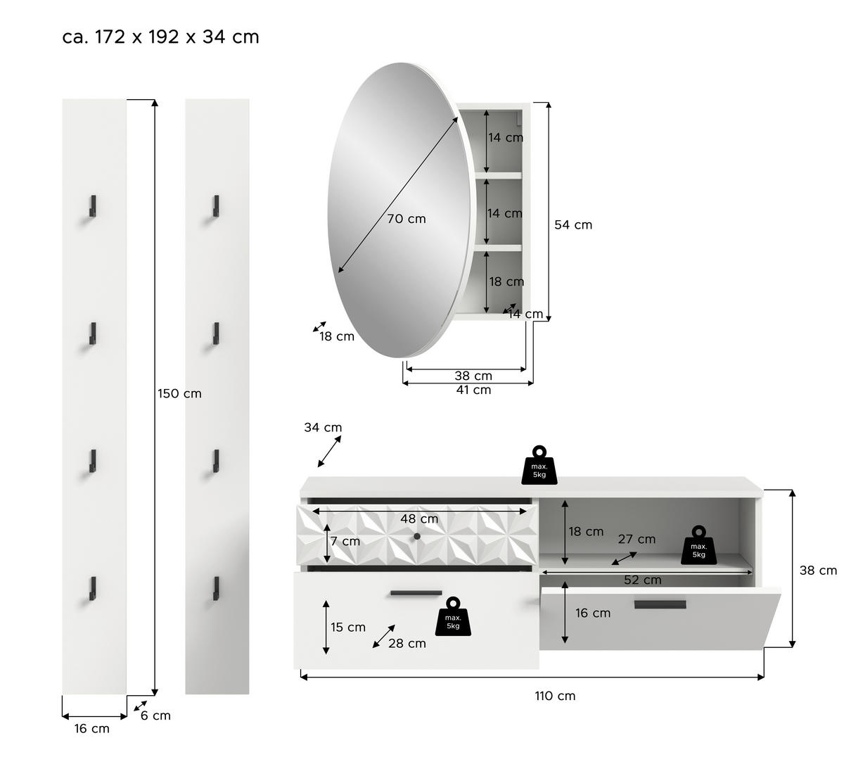 Garderobe Prisma weiß weiß Hochglanz B/H/T: ca. 172x192x34 cm Prisma - weiß (172,00/192,00/34,00cm) - xonox.home