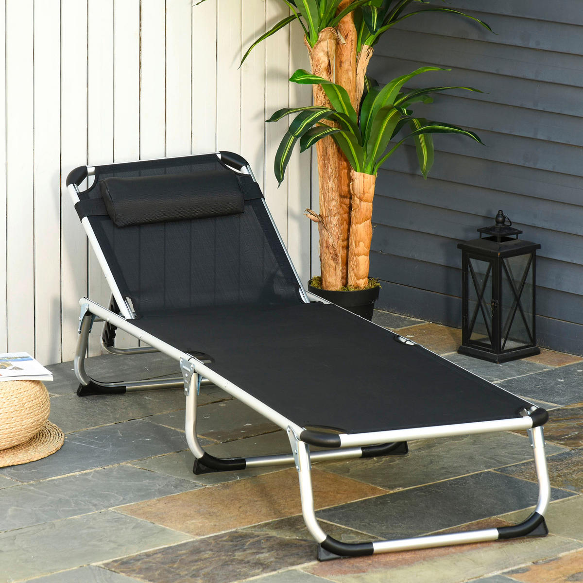 Outsunny Sonnenliege mit Kopfkissen schwarz Aluminium B/H/L: ca. 60x76x170 cm Sonnenliege mit Kopfkissen - schwarz (170,00/60,00/76,00cm) - Outsunny