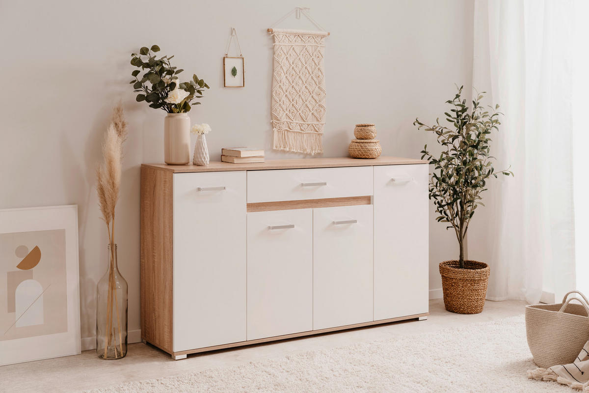 Sideboard Volos Eiche Sonoma Nachbildung weiß B/H/T: ca. 160x90x38 cm Volos - Eiche/weiß (160,00/90,00/38,00cm)