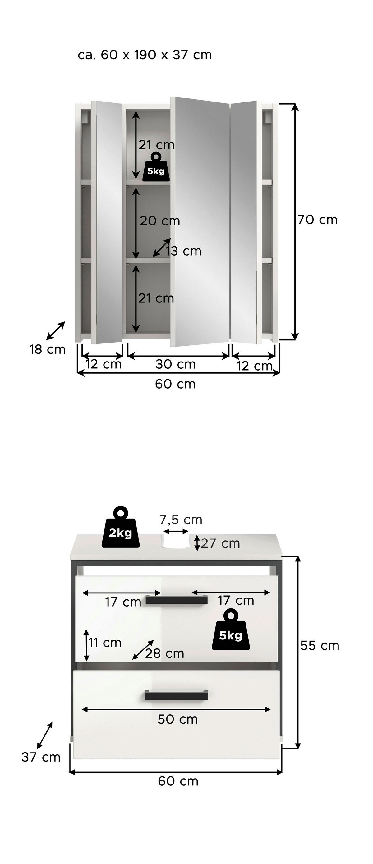 Badblock KOJAK weiß weiß Hochglanz anthrazit B/H/T: ca. 60x188x37 cm KOJAK - weiß/anthrazit (60,00/188,00/37,00cm) - xonox.home
