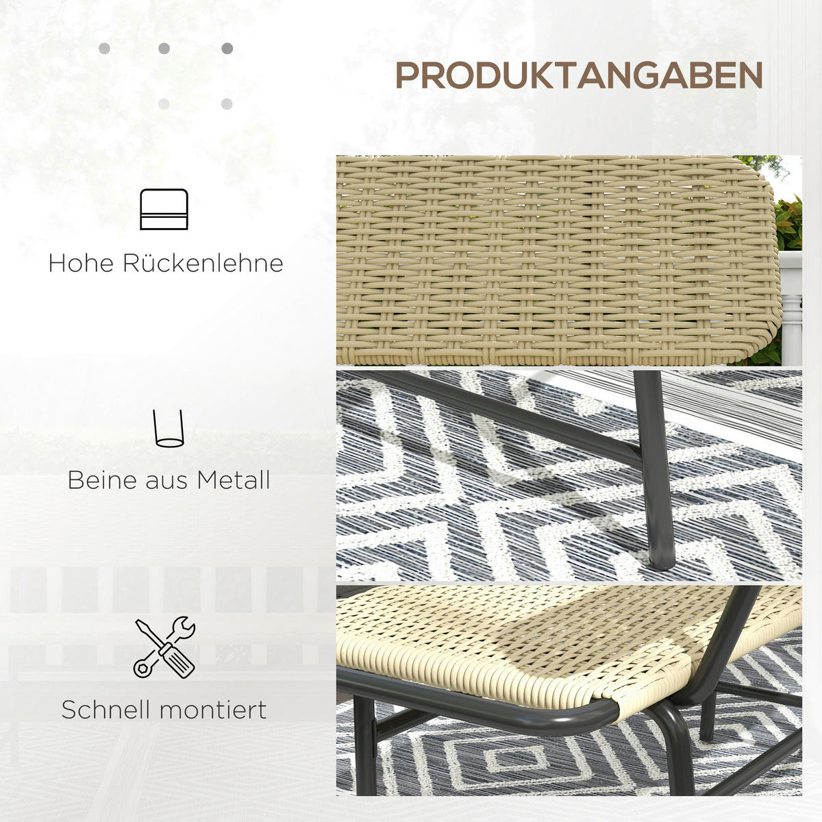 Outsunny Gartenbank khaki Polyrattan B/H/L: ca. 66x132x80 cm Gartenbank - khaki (80,00/66,00/132,00cm) - Outsunny