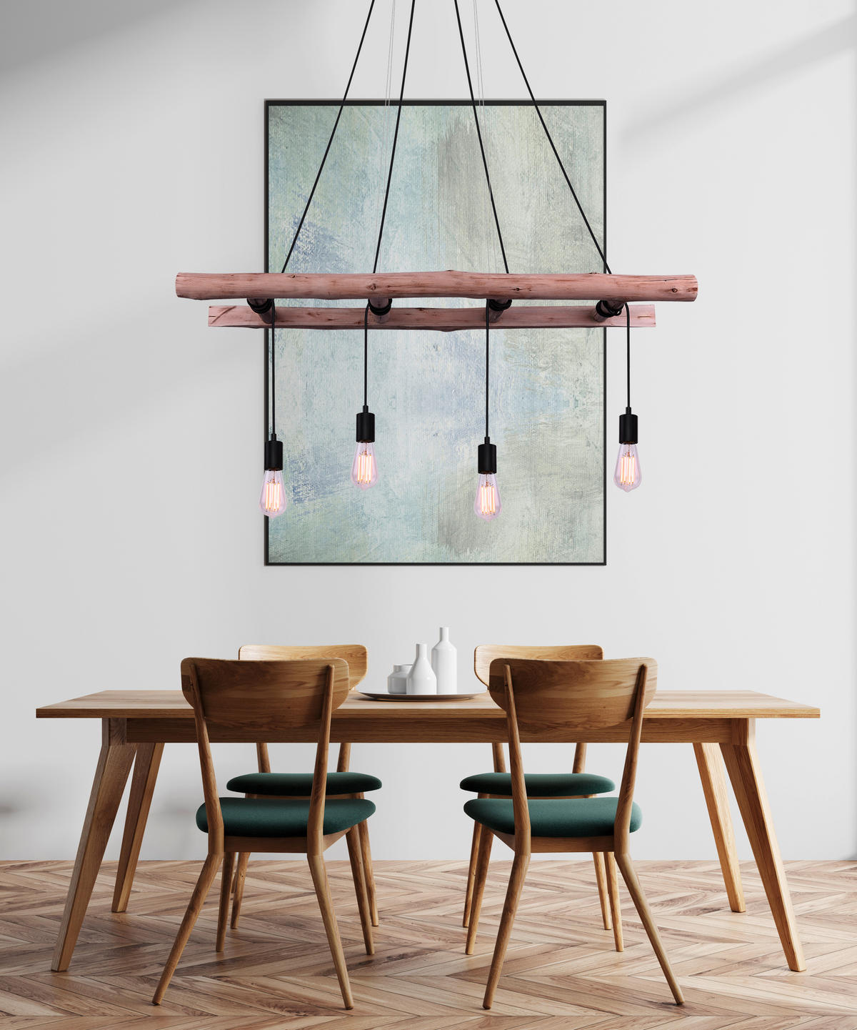 GLOBO Pendelleuchte 15348-4 natur Holz Metall B/H/L: ca. 30x192x115 cm E27 4 Brennstellen Pendelleuchte_Irmgard 4flg. - natur (115,00/30,00/192,00cm) - GLOBO