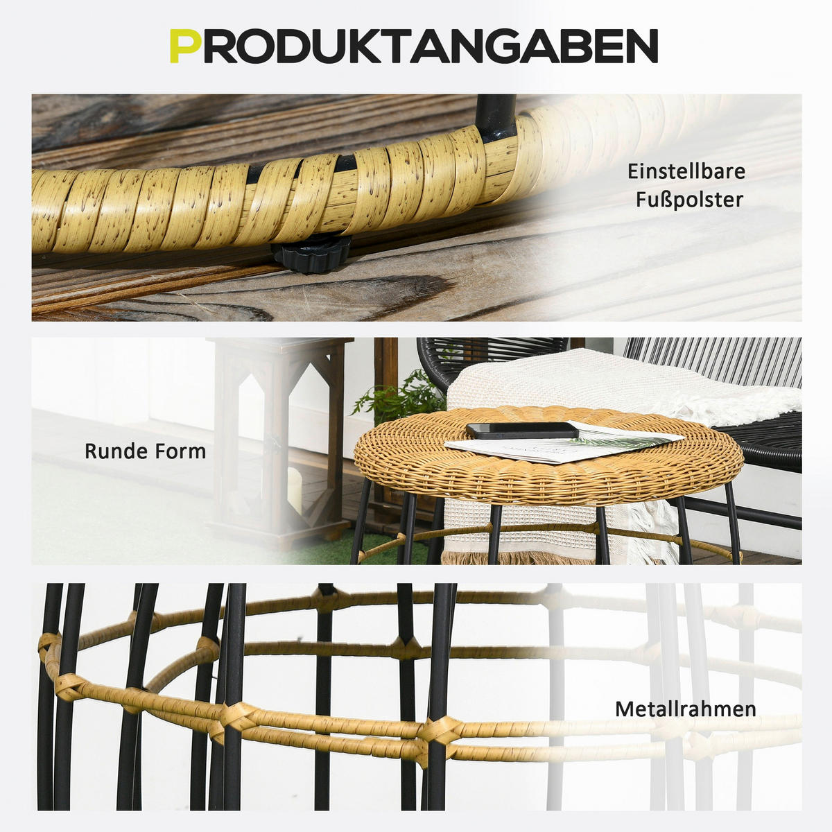 Outsunny Beistelltisch khaki Polypropylen B/H/L: ca. 58x58x53 cm Rattan_Beistelltisch-Set - khaki (53,00/58,00/58,00cm) - Outsunny