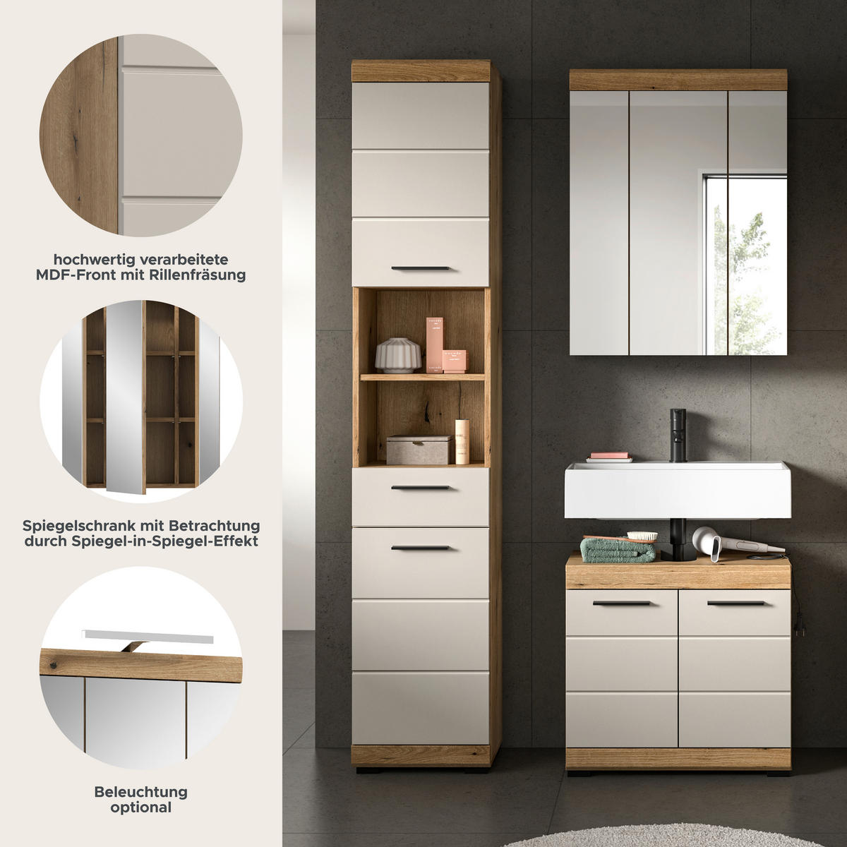 Badezimmer-Set Scout Evoke Oak Nachbildung Kaschmirgrau Nachbildung B/H/T: ca. 112x191x34 cm Scout - Kaschmirgrau (112,00/191,00/34,00cm) - xonox.home