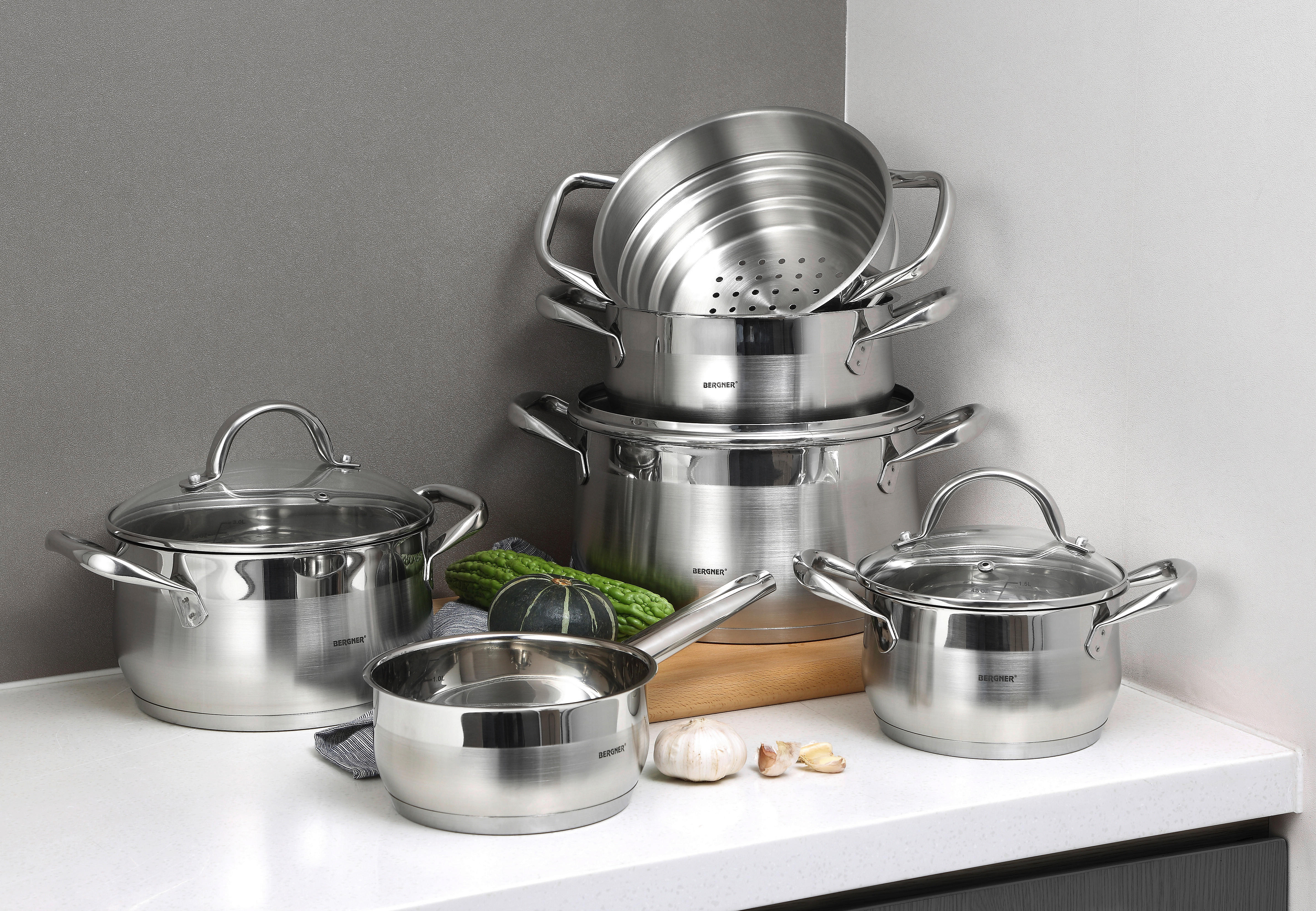 Thumbnail - BERGNER Kochtopf GOURMET silber Edelstahl B/H/L: ca. 29,6x15,5x39 cm