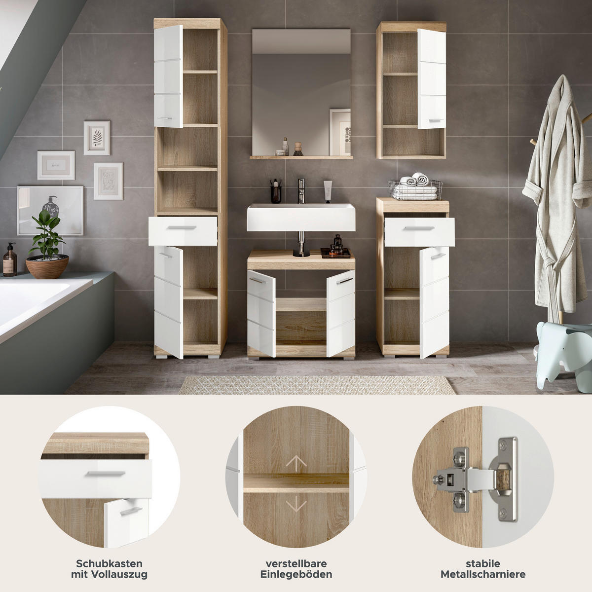 Badezimmer-Set Lambada Eiche Sonoma Nachbildung weiß Hochglanz B/H/T: ca. 164x191x34 cm Lambada - Eiche/weiß (164,00/191,00/34,00cm) - xonox.home