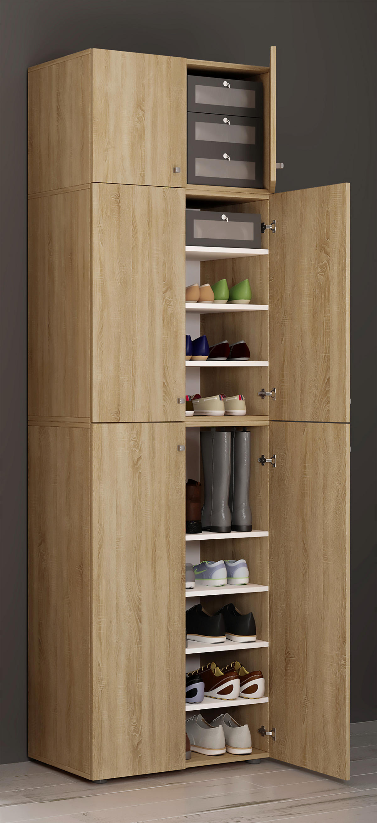 Schuhschrank Lona Eiche Sonoma Nachbildung weiß B/H/T: ca. 70x223x39 cm Lona - Eiche/weiß (70,00/223,00/39,00cm) - VCM Möbel