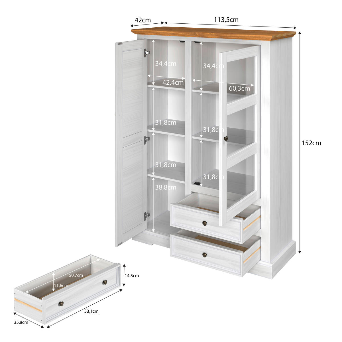 Highboard Breda B/H/T: ca. 114x156x42 cm Breda - weiß/honig (114,00/156,00/42,00cm)