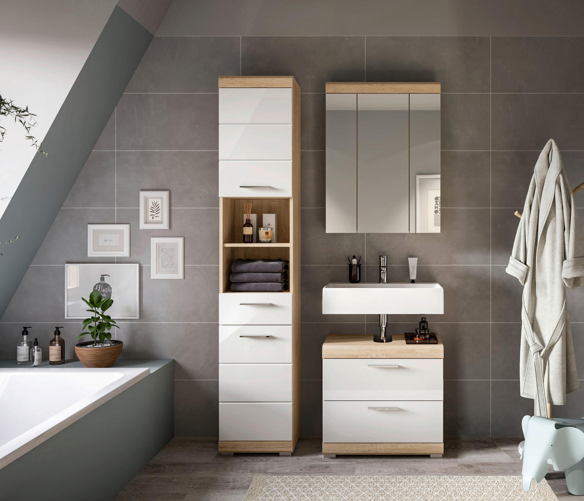 Badezimmer-Set Lambada Eiche Sonoma Nachbildung weiß Hochglanz B/H/T: ca. 112x191x37 cm Lambada - Eiche/weiß (112,00/191,00/37,00cm) - xonox.home