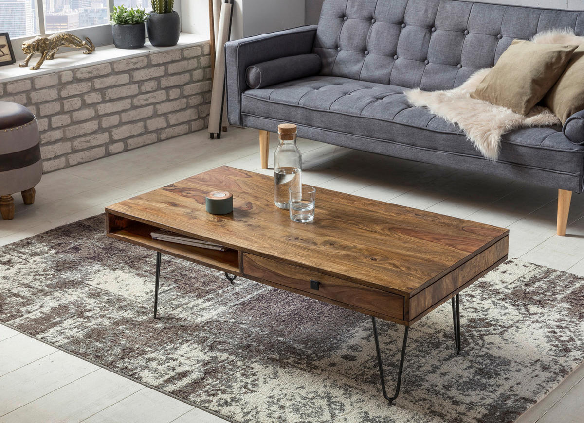 Wohnling Couchtisch natur schwarz Echtholz Metall B/H/T: ca. 110x40x60 cm Couchtisch - natur/schwarz (110,00/40,00/60,00cm) - Wohnling