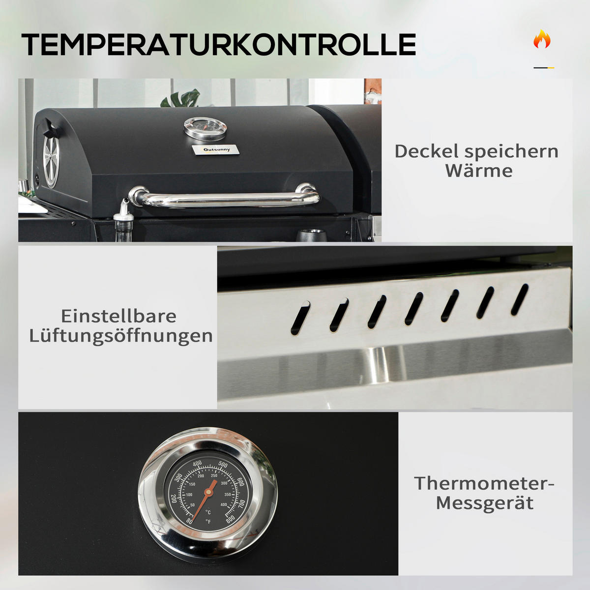 Outsunny Gas-/Kohlegrill Edelstahl B/H/L: ca. 53x101x161 cm Gas-/Kohlegrill - schwarz (161,00/53,00/101,00cm) - Outsunny