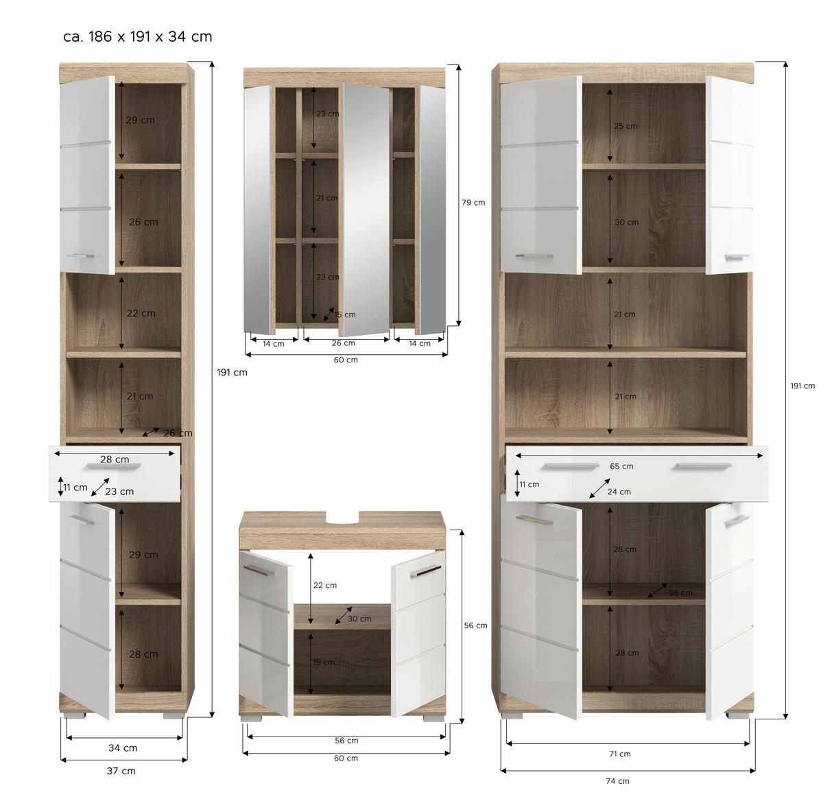 Badezimmer-Set Lambada Eiche Sonoma Nachbildung weiß Hochglanz B/H/T: ca. 186x191x34 cm Lambada - Eiche/weiß (186,00/191,00/34,00cm) - xonox.home