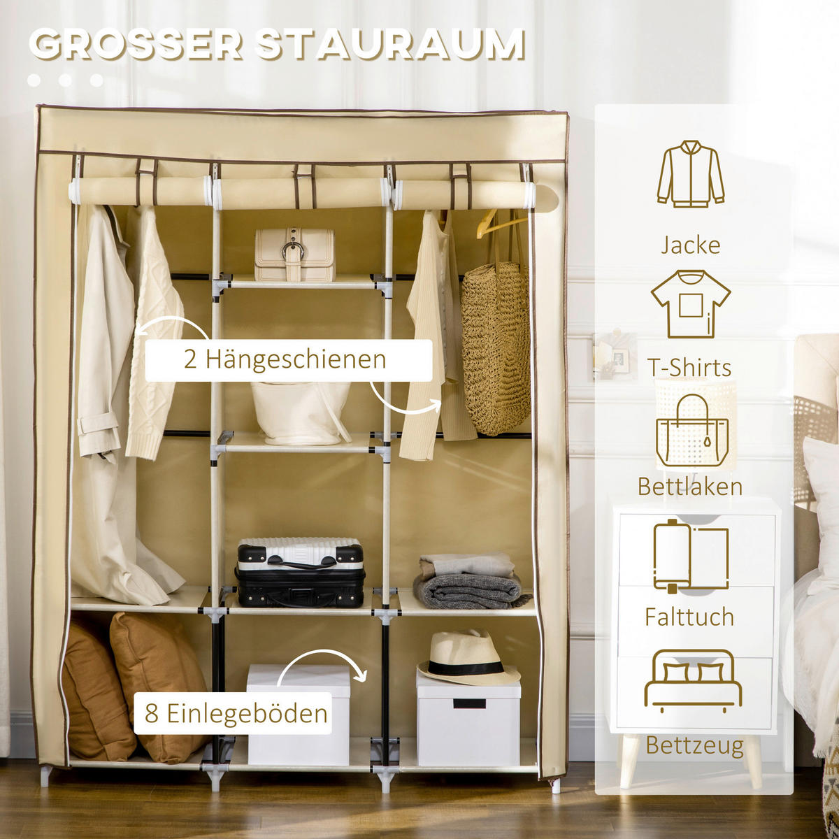 HOMCOM Kleiderschrank beige Edelstahl B/H/L: ca. 43x125x162,5 cm Stoffschrank - beige (162,50/43,00/125,00cm) - HOMCOM