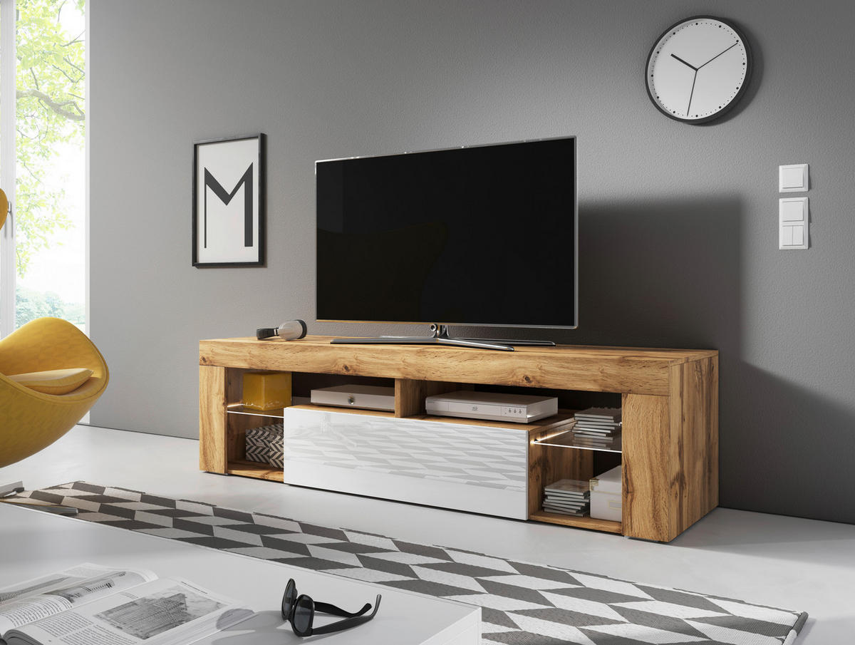 TV-Lowboard TV LOWBOARD Everest 140 LED Eiche Wotan Nachbildung weiß glänzend B/H/T: ca. 140x50x35 cm TV LOWBOARD Everest 140 LED - Eiche/weiß (140,00/50,00/35,00cm) - WIPMEB