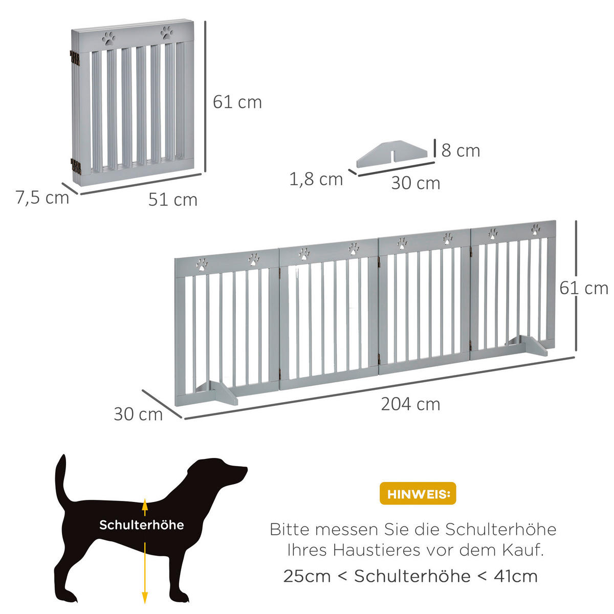 PawHut Hunde-Absperrgitter grau Kiefer B/H/L: ca. 30x61x204 cm Hunde-Absperrgitter - grau (204,00/30,00/61,00cm) - PawHut