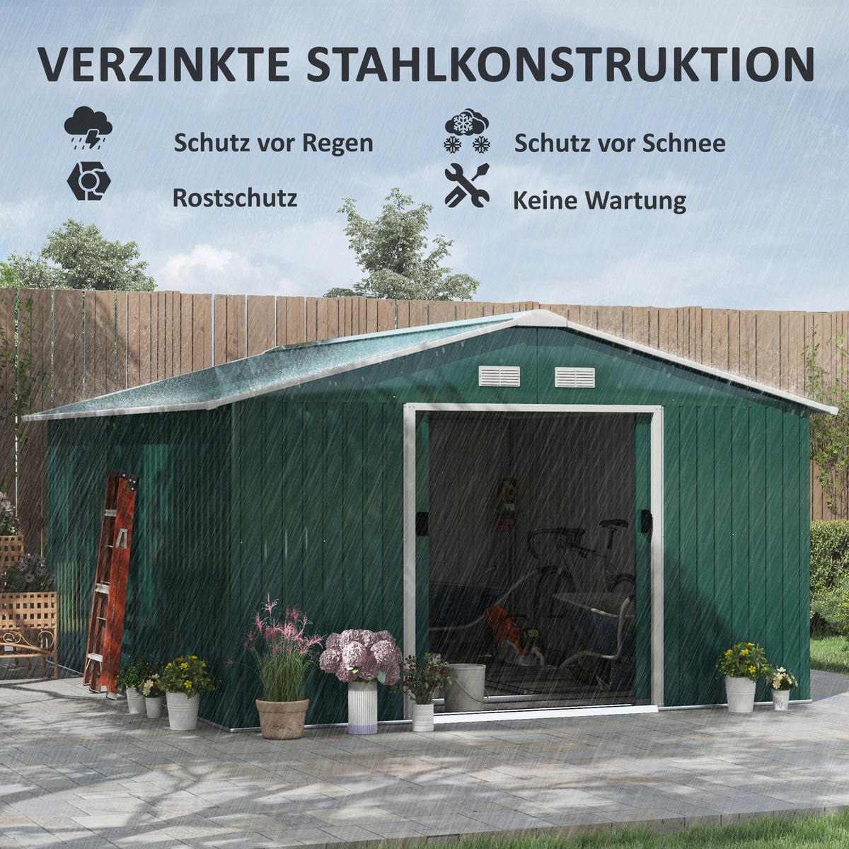 Outsunny Gerätehaus dunkelgrün Stahl B/H/L: ca. 386x200x340 cm Gerätehaus - dunkelgrün (340,00/386,00/200,00cm) - Outsunny