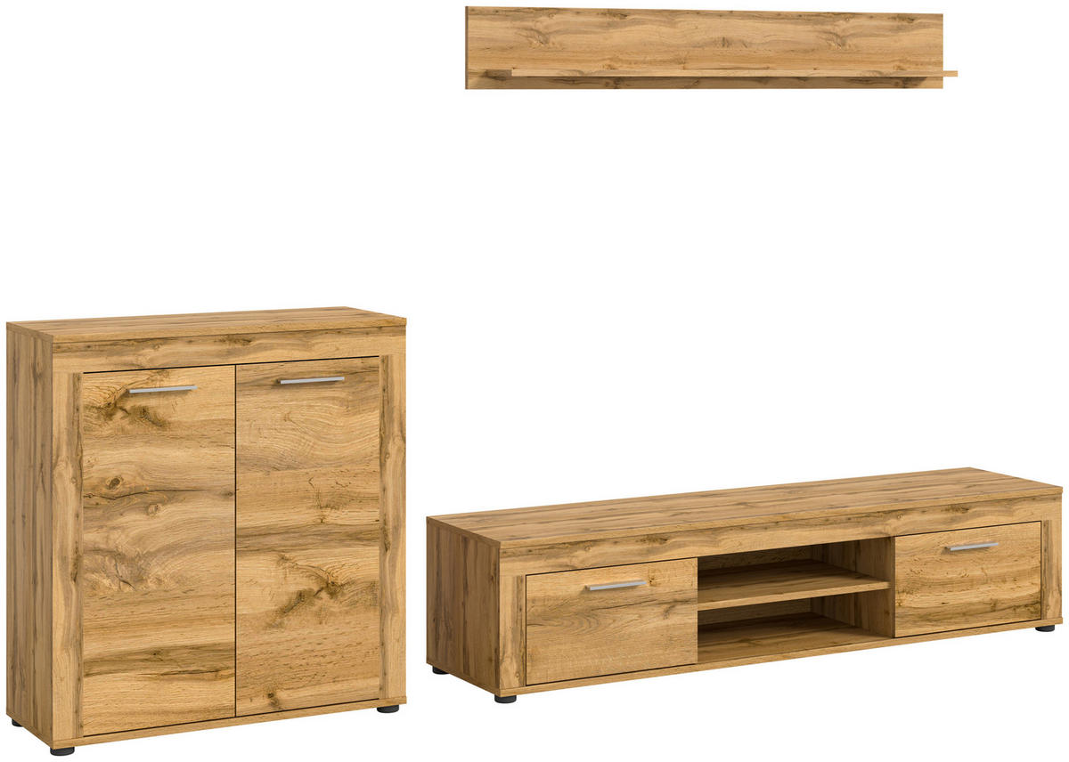 Wohnwand Jam Eiche Wotan Nachbildung B/H/T: ca. 255x159x35 cm Jam - Eiche (255,00/159,00/35,00cm) - xonox.home