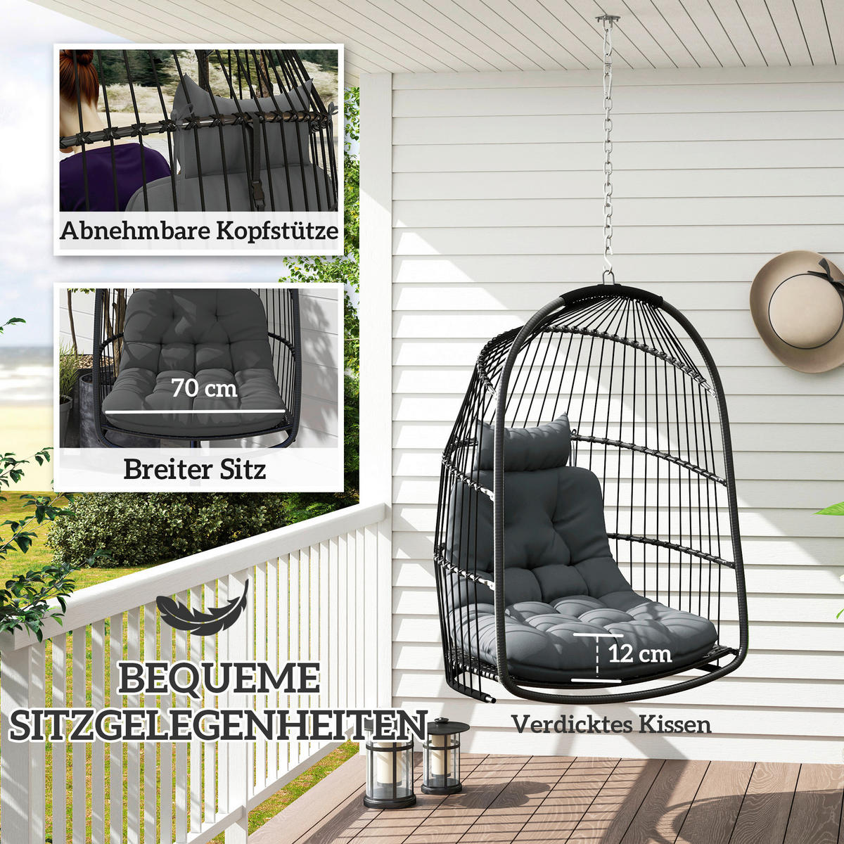 Outsunny Hängestuhl dunkelgrau Polyethylen B/H/L: ca. 68x105x74 cm Rattan-Hängestuhl - dunkelgrau (74,00/68,00/105,00cm) - Outsunny