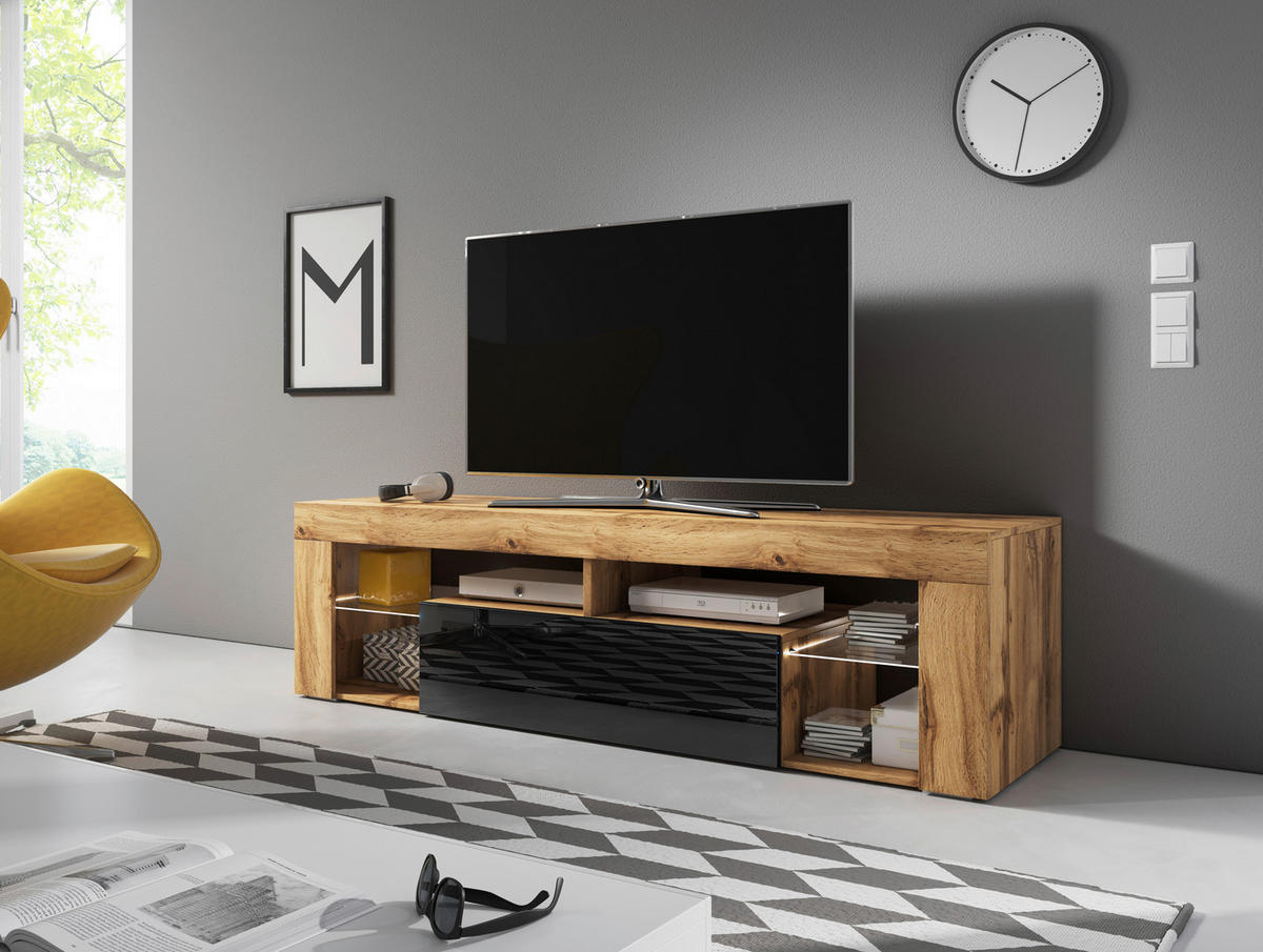 TV-Lowboard TV LOWBOARD Everest 140 LED Eiche Wotan Nachbildung schwarz glänzend B/H/T: ca. 140x50x35 cm TV LOWBOARD Everest 140 LED - Eiche/schwarz (140,00/50,00/35,00cm) - WIPMEB