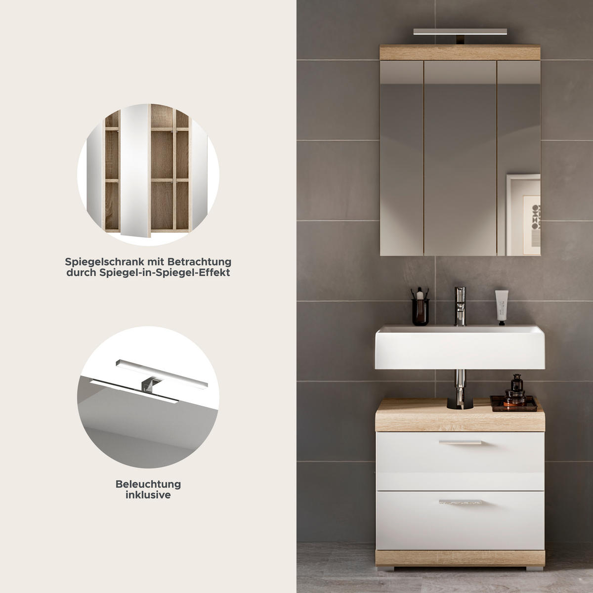 Badezimmer-Set Lambada Eiche Sonoma Nachbildung weiß Hochglanz B/H/T: ca. 60x191x37 cm Lambada - Eiche/weiß (60,00/191,00/37,00cm) - xonox.home