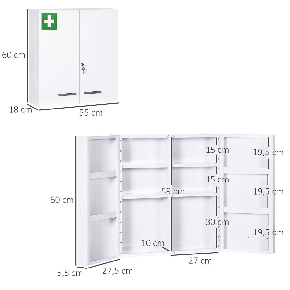 kleankin Medizinschrank weiß Polypropylen B/H/L: ca. 18x55x60 cm Medizinschrank - weiß (60,00/18,00/55,00cm) - kleankin