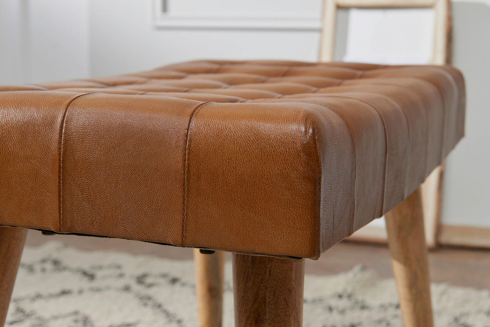 Wohnling Sitzhocker braun natur Leder Echtholz B/H/T: ca. 67x47x39 cm Sitzhocker - braun/natur (67,00/47,00/39,00cm) - Wohnling