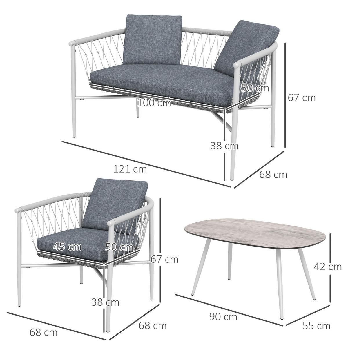 Outsunny Sitzgruppe grau Edelstahl B/H/L: ca. 68x121x67 cm Rattan_Gartenmöbel-Set - grau (67,00/68,00/121,00cm) - Outsunny