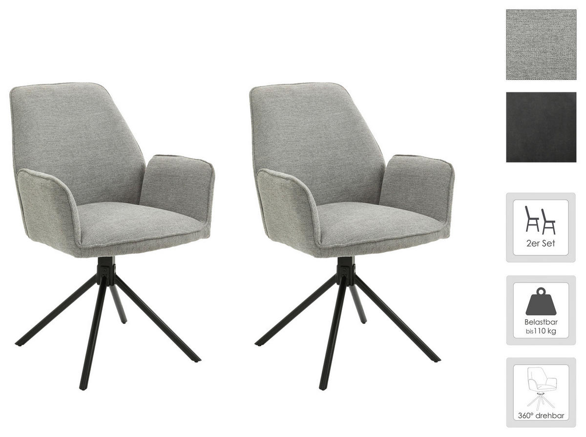 Stuhl BLAIR 2er-Set hellgrau schwarz Webstoff Metall B/H/T: ca. 57x89x61 cm BLAIR 2er-Set - hellgrau/schwarz (57,00/89,00/61,00cm) - byLIVING