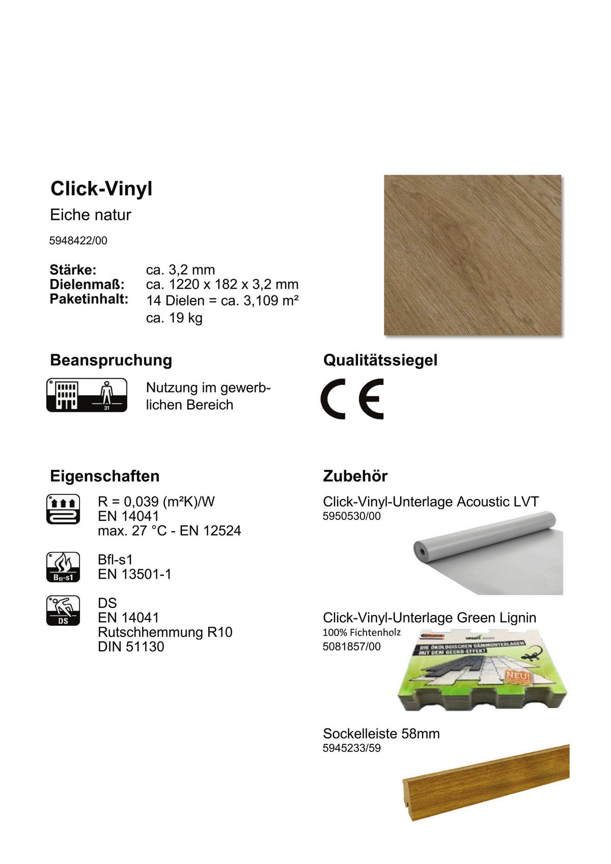 Click-Vinylboden Eiche natur ca. 3,109 m² im Paket  B/L: ca. 18,2x122 cm pro Paket Eiche natur ca. 3,109 m² im Paket - (18,20/122,00cm)