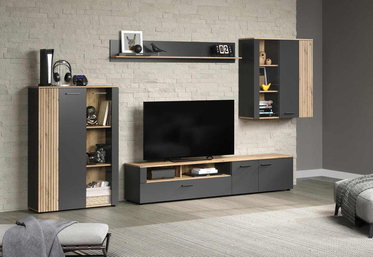 Vitrine Esteban anthrazit Eiche Evoke Coast Nachbildung B/H/T: ca. 90x132x34 cm Esteban - Eiche/anthrazit (90,00/132,00/34,00cm)