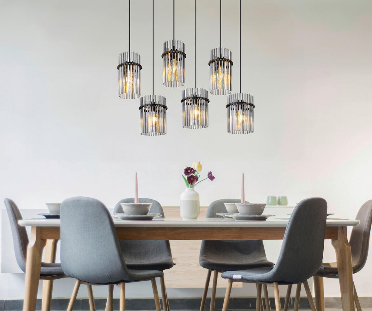 GLOBO Pendelleuchte mattschwarz Rauch schwarz Glas Metall B/H: ca. 92,5x125 cm E27 6 Brennstellen Gorley - schwarz/mattschwarz (92,50/125,00cm) - GLOBO
