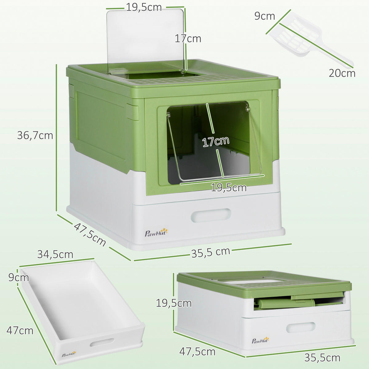 PawHut Katzentoilette grün Kunststoff B/H/L: ca. 35,5x36,7x47,5 cm Katzentoilette - weiß/grün (47,50/35,50/36,70cm) - PawHut