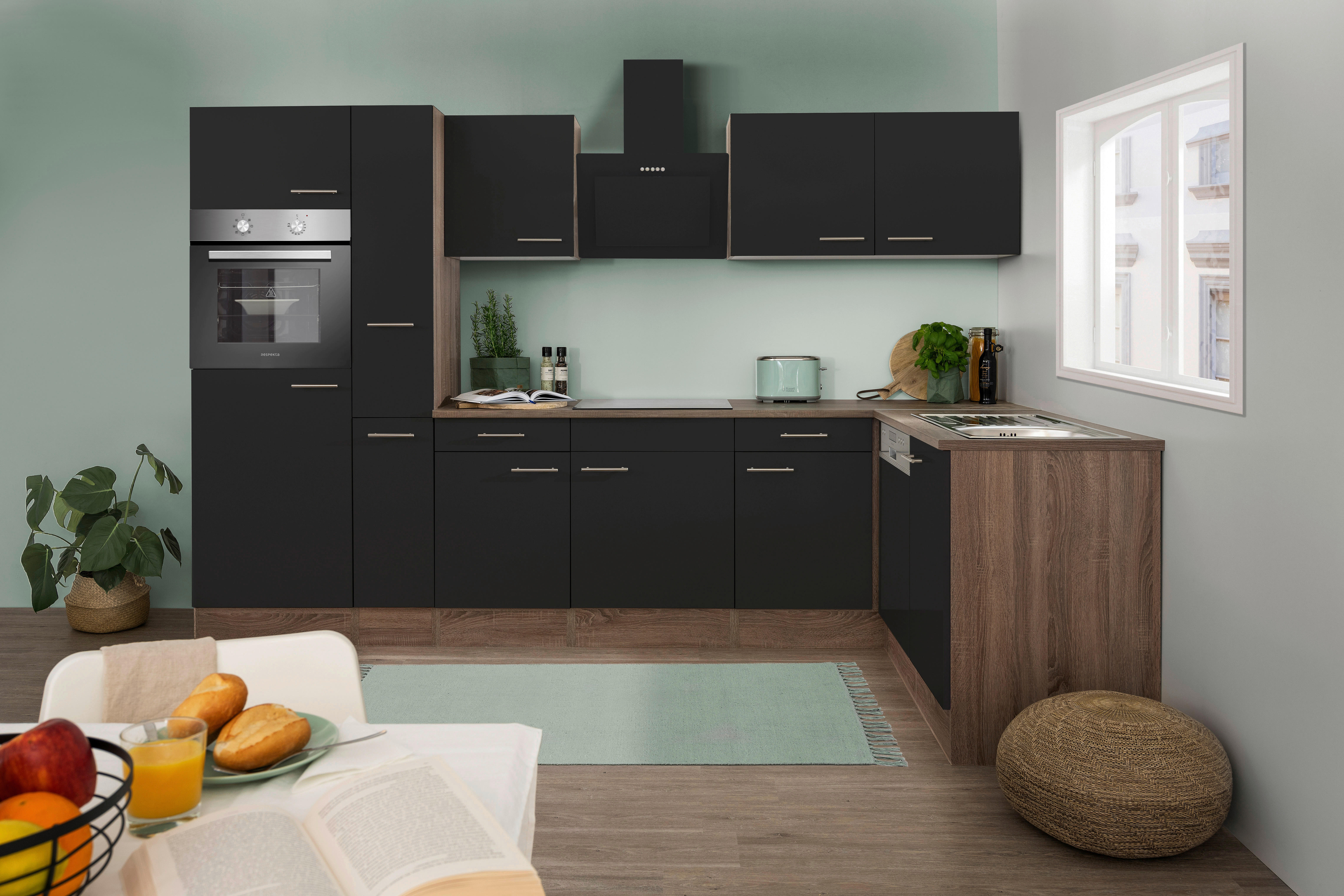Respekta Winkelküche KBL310EYSS schwarz B/H/T: ca. 310x205x172 cm KBL310EYSS - Eiche/schwarz (310,00/205,00/172,00cm) - Respekta