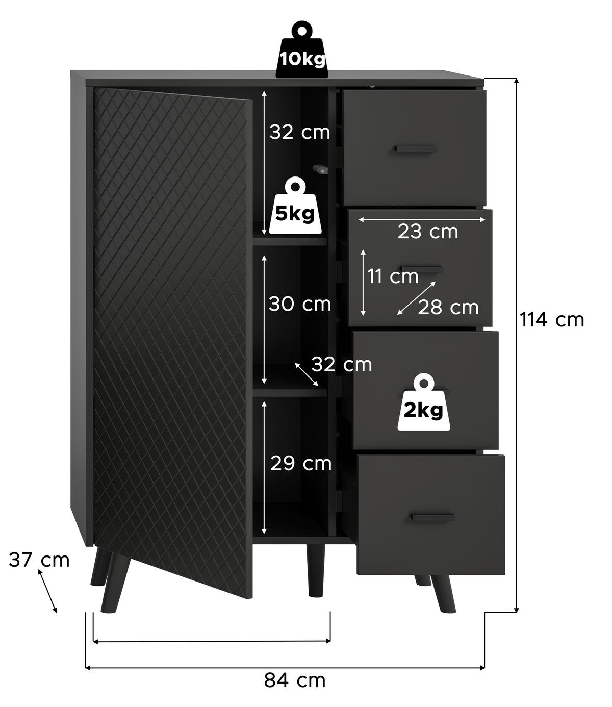 Kommode LINEA grau schwarz B/H/T: ca. 84x114x37 cm LINEA - schwarz/grau (84,00/114,00/37,00cm) - xonox.home