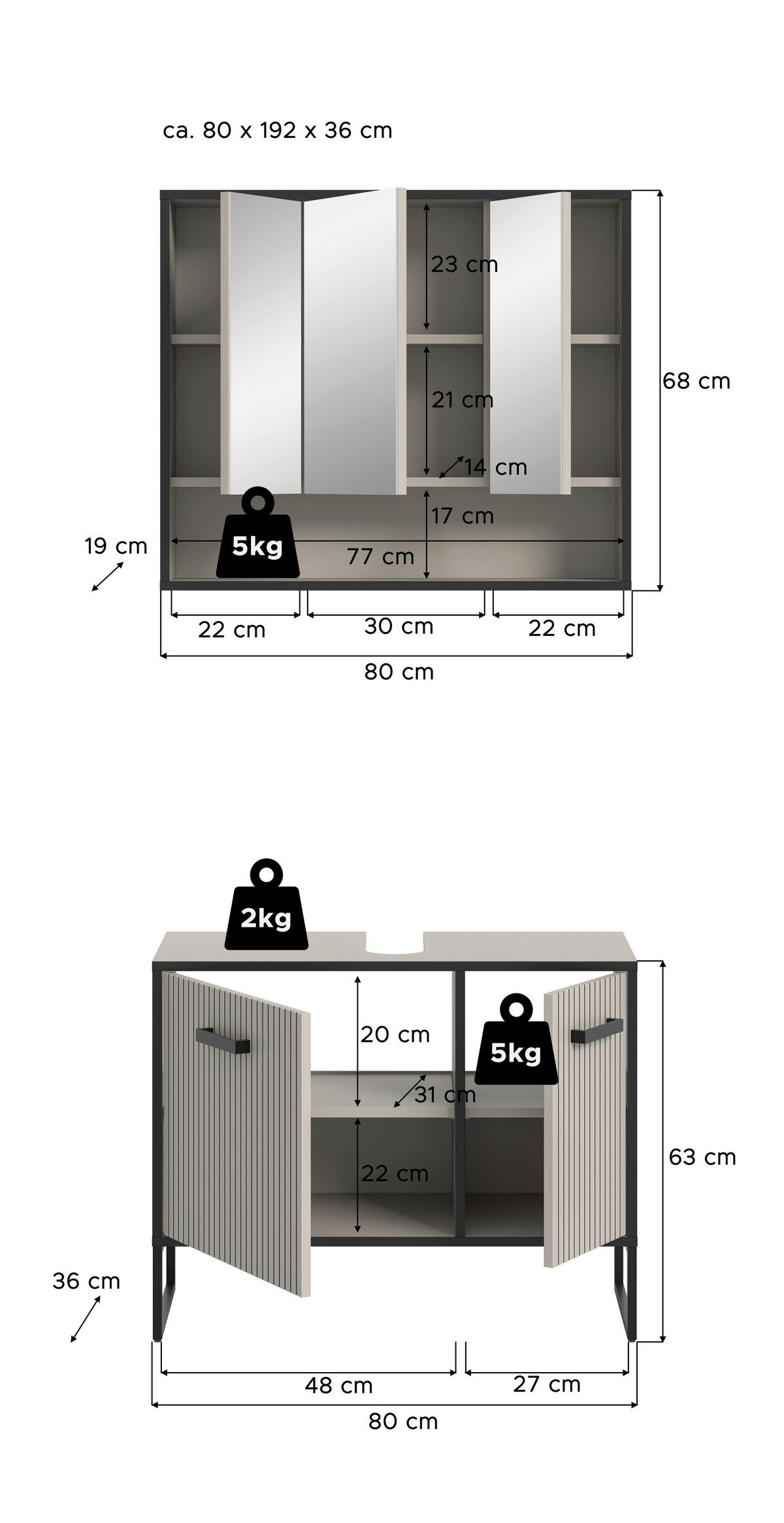 Badezimmer-Set BAGNO schwarz Kaschmirgrau Nachbildung B/H/T: ca. 80x192x36 cm BAGNO - schwarz (80,00/192,00/36,00cm) - xonox.home