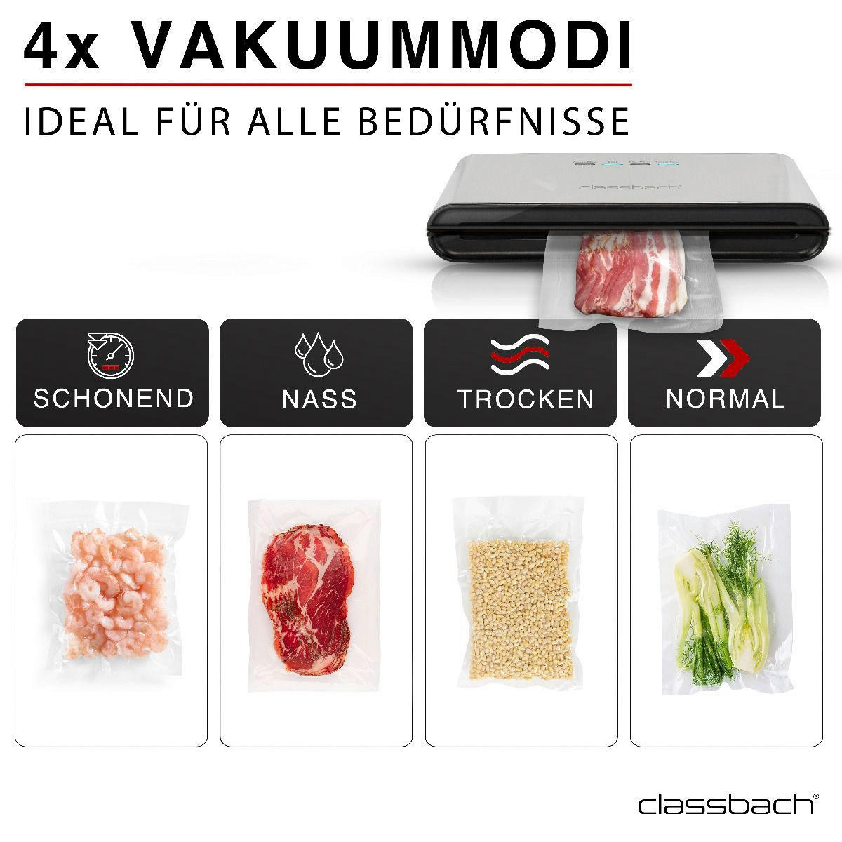 Classbach Vakuumierer C-VK 4000 silber schwarz Edelstahl B/H/T: ca. 38x6,3x15,5 cm ca. 120 W Vakuumierer C-VK 4000 - schwarz/silber (38,00/6,30/15,50cm) - Classbach