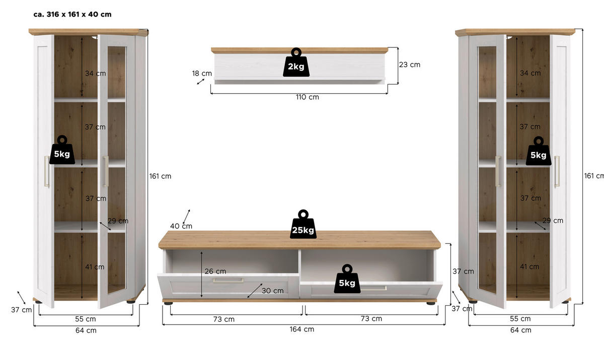Wohnwand VERONA Lärche Nachbildung Eiche Nachbildung B/H/T: ca. 336x161x40 cm VERONA - Eiche/Lärche (336,00/161,00/40,00cm) - xonox.home