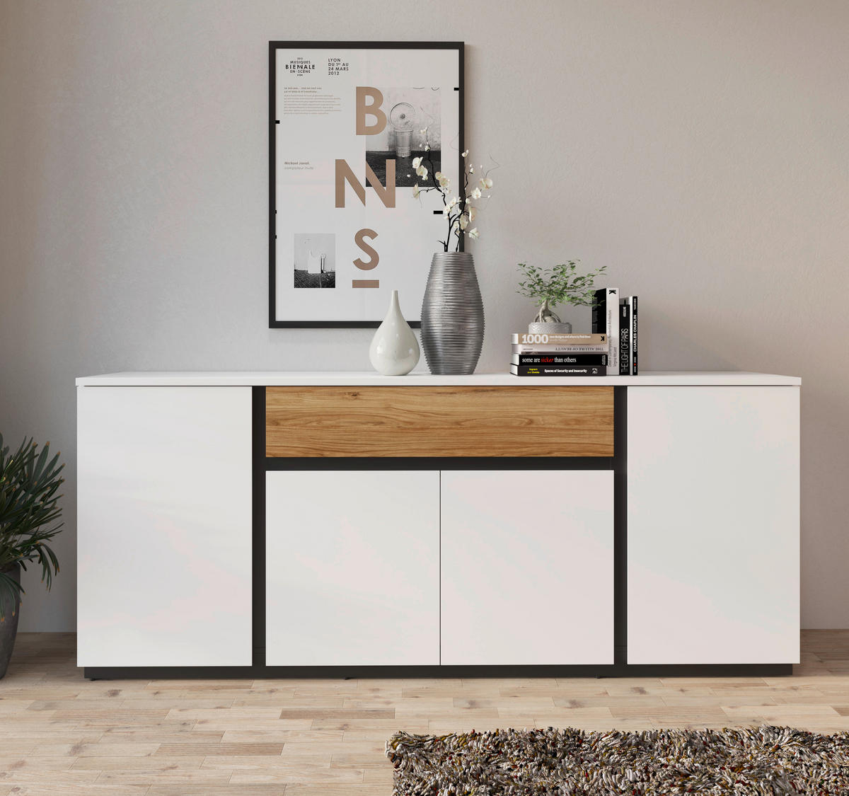 Sideboard Novena weiß Eiche Catania Nachbildung schwarz matt B/H/T: ca. 209x87x40 cm Novena - weiß/schwarz (209,00/87,00/40,00cm)