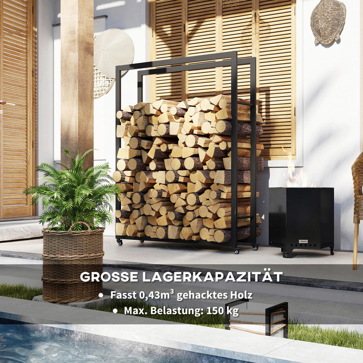 Outsunny Kaminholzregal schwarz B/H/L: ca. 32x151x120 cm Kaminholzregal - schwarz (120,00/32,00/151,00cm) - Outsunny