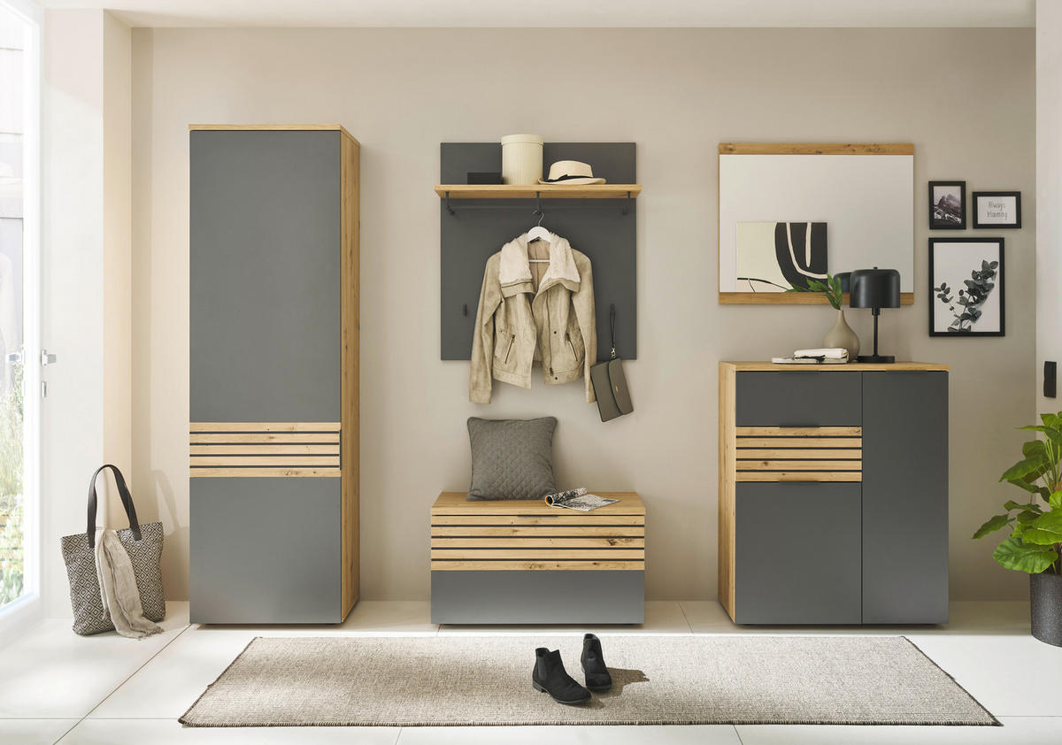 Garderobenpaneel Milan grau Eiche Artisan Nachbildung B/H/T: ca. 858x95x27 cm Milan - Eiche/grau (858,00/95,00/27,00cm)