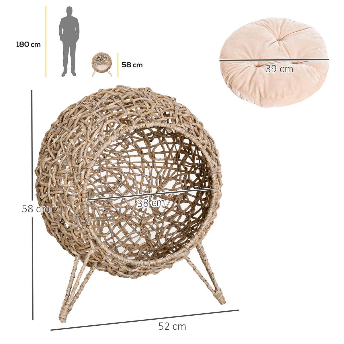 PawHut Katzenkorb natur Rattan B/H/L: ca. 52x58x52 cm Katzenkorb - natur (52,00/52,00/58,00cm) - PawHut