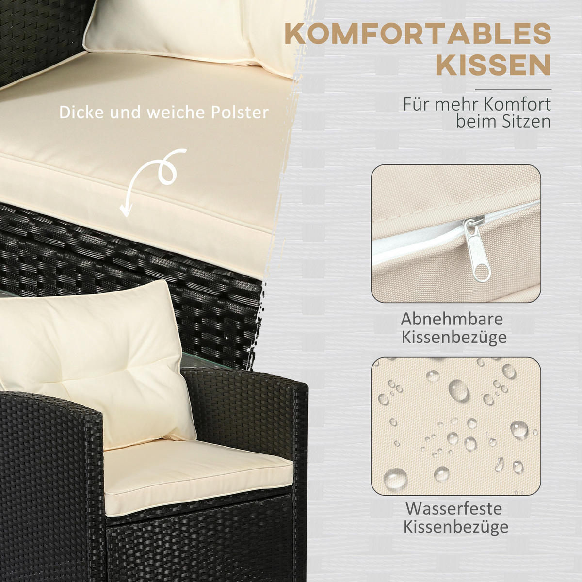 Outsunny Sitzgruppe cremeweiß Polyrattan B/H/L: ca. 68x124x76 cm Gartenmöbel-Set - schwarz/cremeweiß (76,00/68,00/124,00cm) - Outsunny