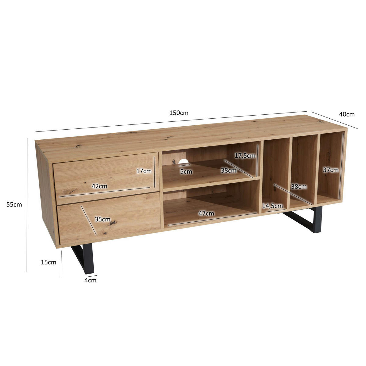Lowboard Eiche Optik B/H/T: ca. 150x55x40 cm TV & Lowboard - Eiche (150,00/55,00/40,00cm) - Wohnling