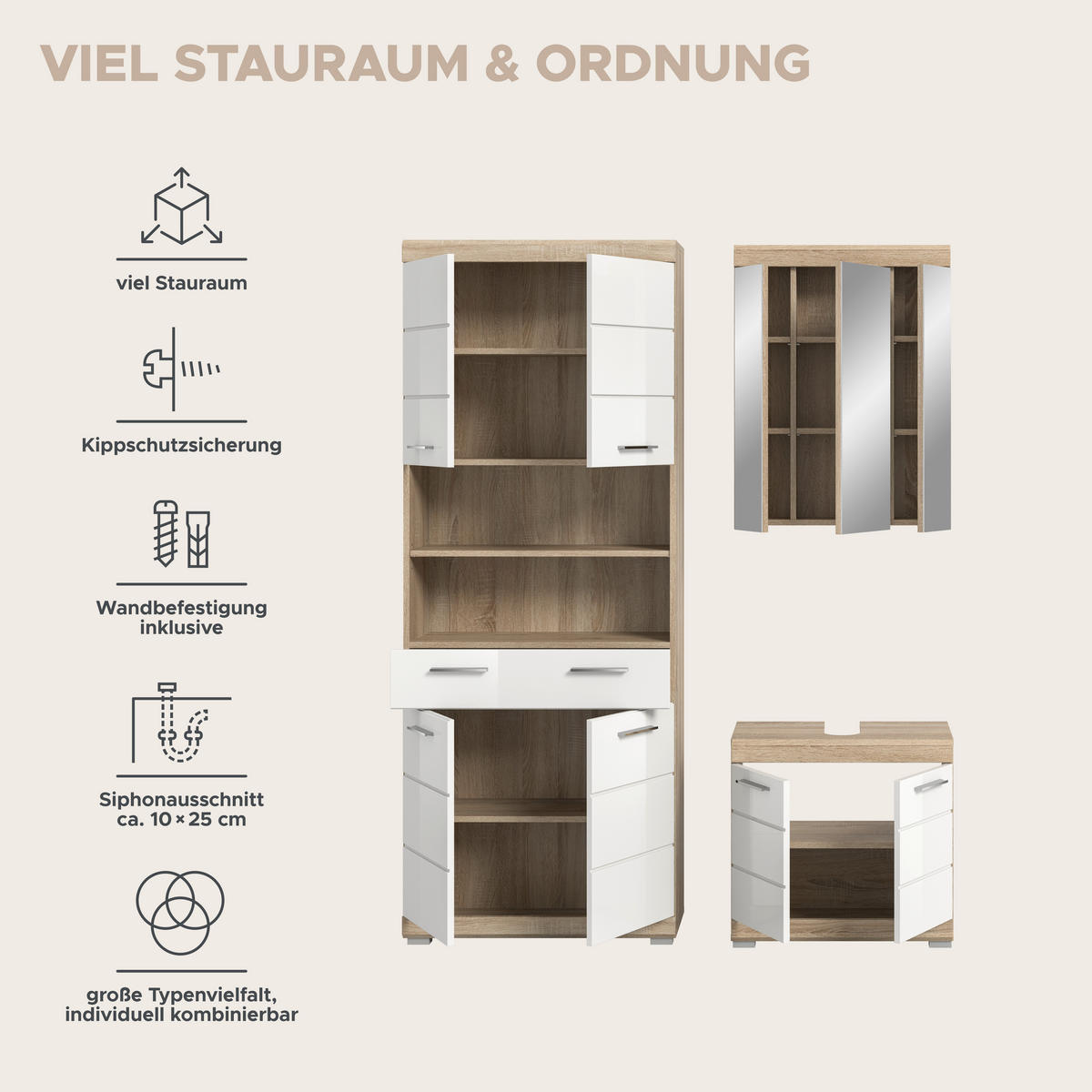 Badezimmer-Set Lambada Eiche Sonoma Nachbildung weiß Hochglanz B/H/T: ca. 149x34x191 cm Lambada - Eiche/weiß (149,00/34,00/191,00cm) - xonox.home