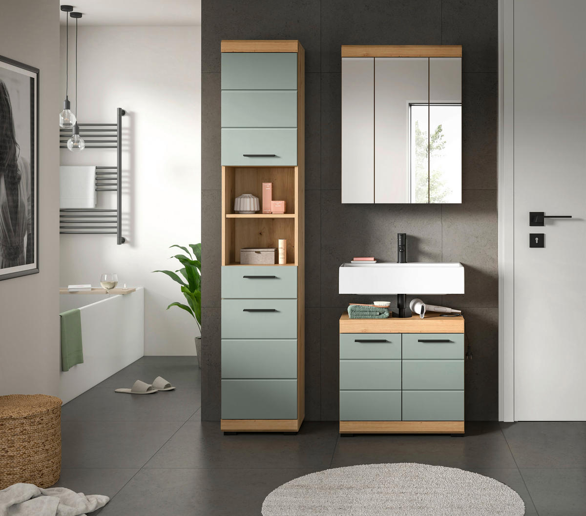Badezimmer-Set Scout Eiche Artisan Nachbildung salbei Nachbildung B/H/T: ca. 112x191x34 cm Scout - Eiche/salbei (112,00/191,00/34,00cm) - xonox.home