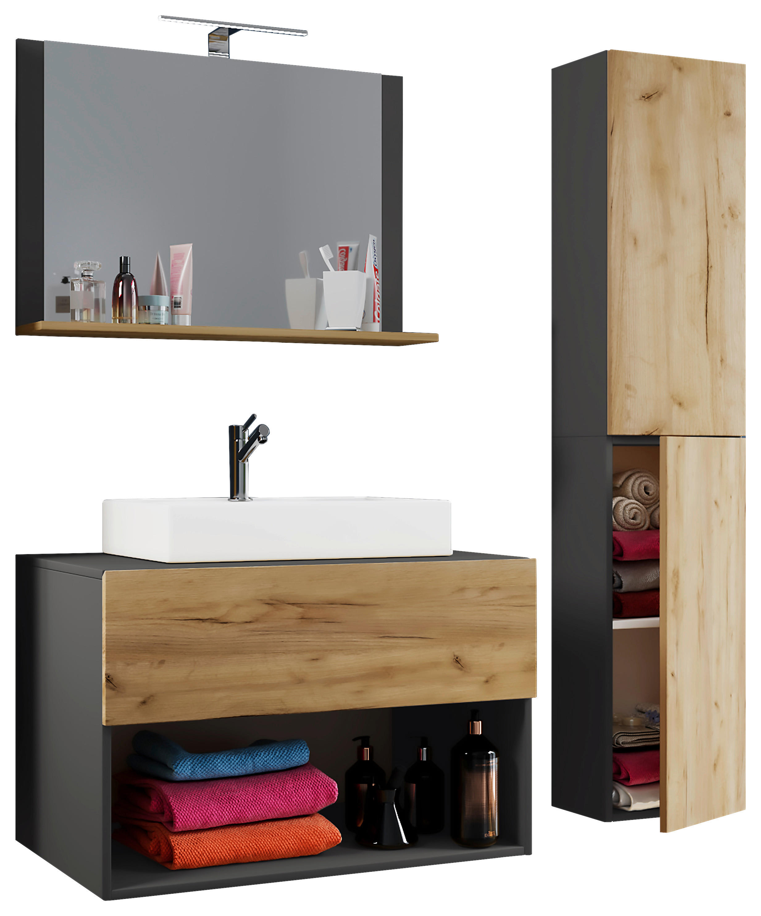 Waschplatz 4tlg-Lendas anthrazit Eiche Honig Nachbildung weiß B/H/T: ca. 80x150x52 cm 4tlg-Lendas - Eiche/weiß (80,00/150,00/52,00cm) - VCM Möbel