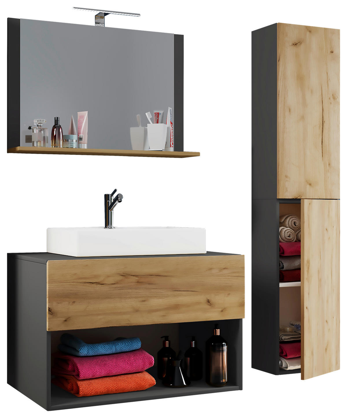 Waschplatz 4tlg-Lendas anthrazit Eiche Honig Nachbildung weiß B/H/T: ca. 80x150x52 cm 4tlg-Lendas - Eiche/weiß (80,00/150,00/52,00cm) - VCM Möbel