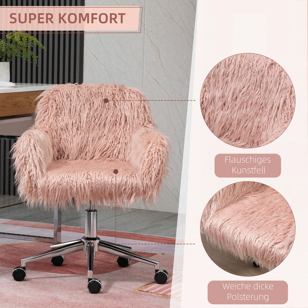 Drehstuhl 921-548PK rosa silber 921-548PK - rosa/silber (57,00/85,00/60,00cm) - Vinsetto